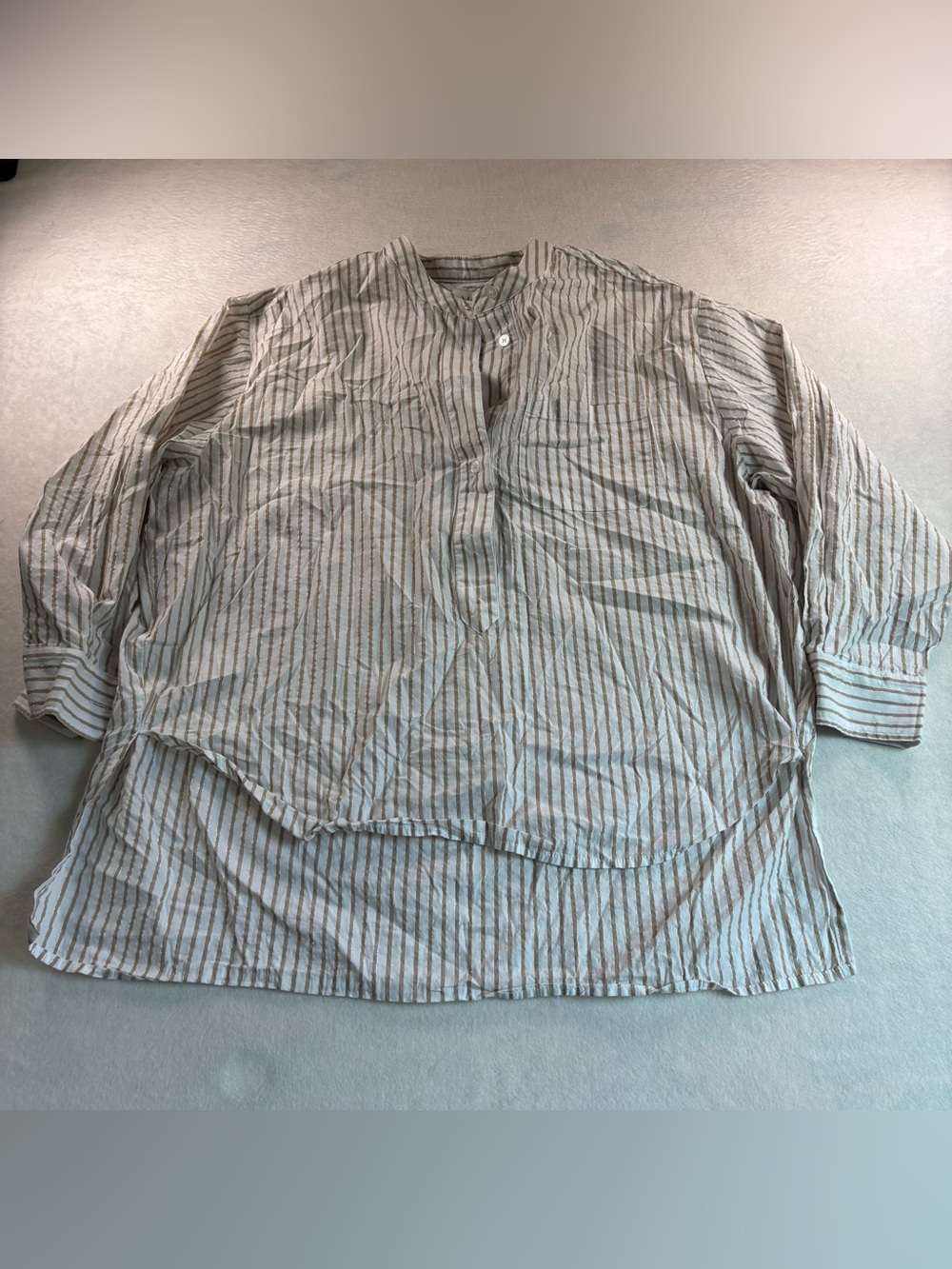 Silver & Tan Striped Button Henley High Low Shirt